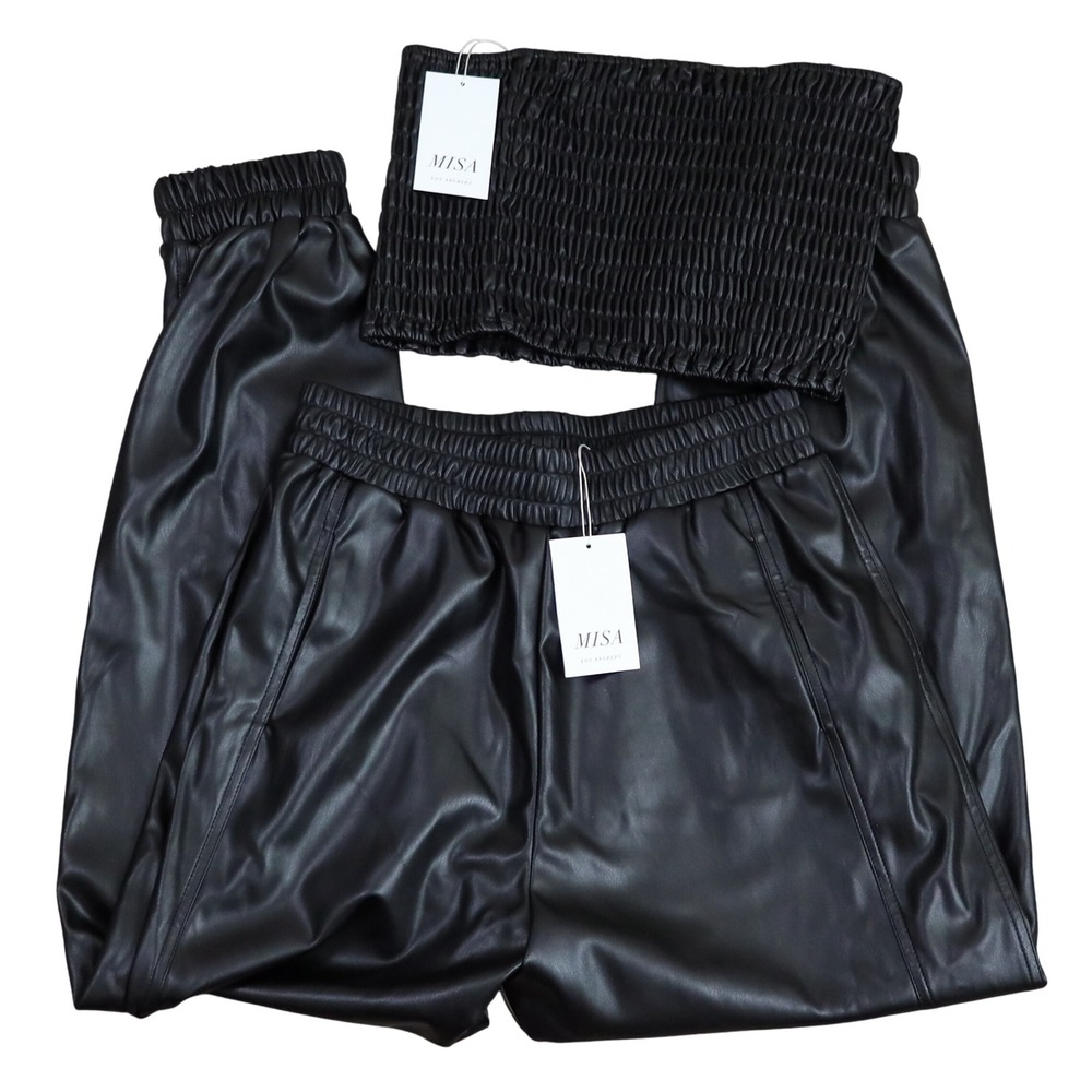 MISA Los Angeles Kasta Pants Joggers Tube Top Set Women M Black Faux Leather NWT - Picture 2 of 15